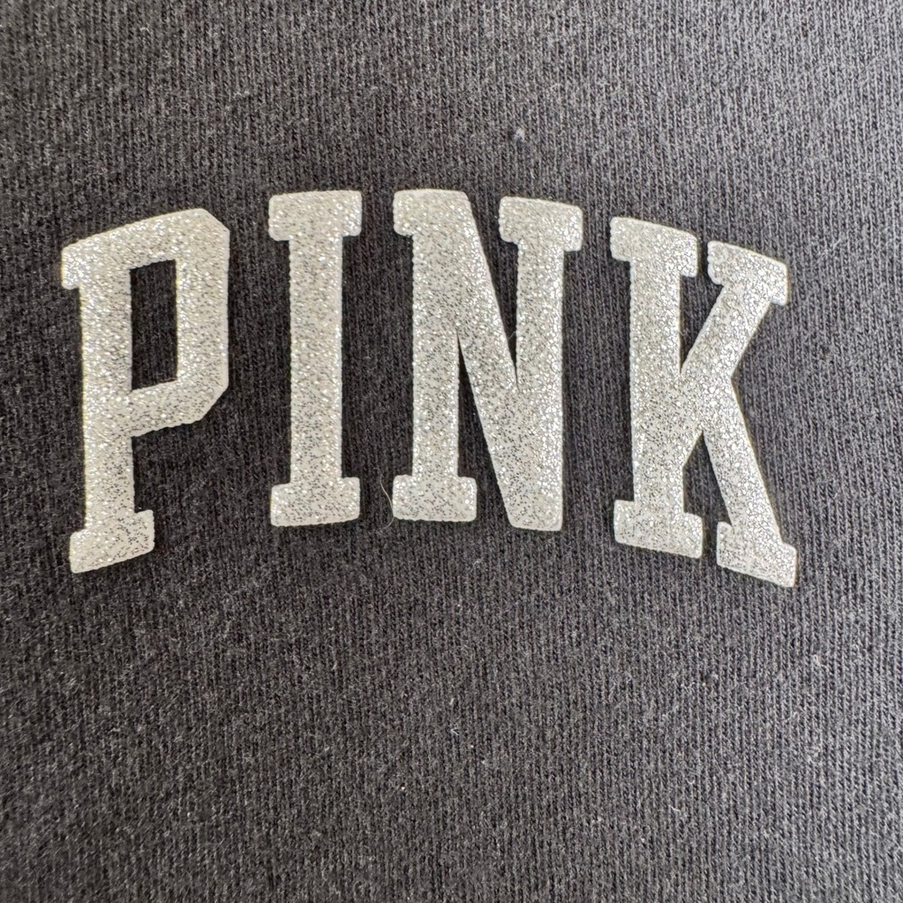 PINK Victoria's Secret Black Glitter Logo Hooded Long Sleeve Tee Shirt Womens S - Picture 2 of 14